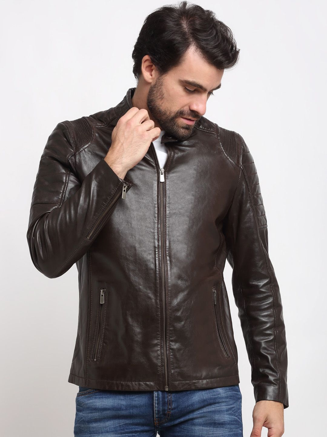 15de966c-7094-4d37-bdb7-2c4fb0cb023b1702545555551TeakwoodLeathersMenBrownLeatherLeatherJacket1.jpg Mandarin Collar Leather Jacket - Image 1