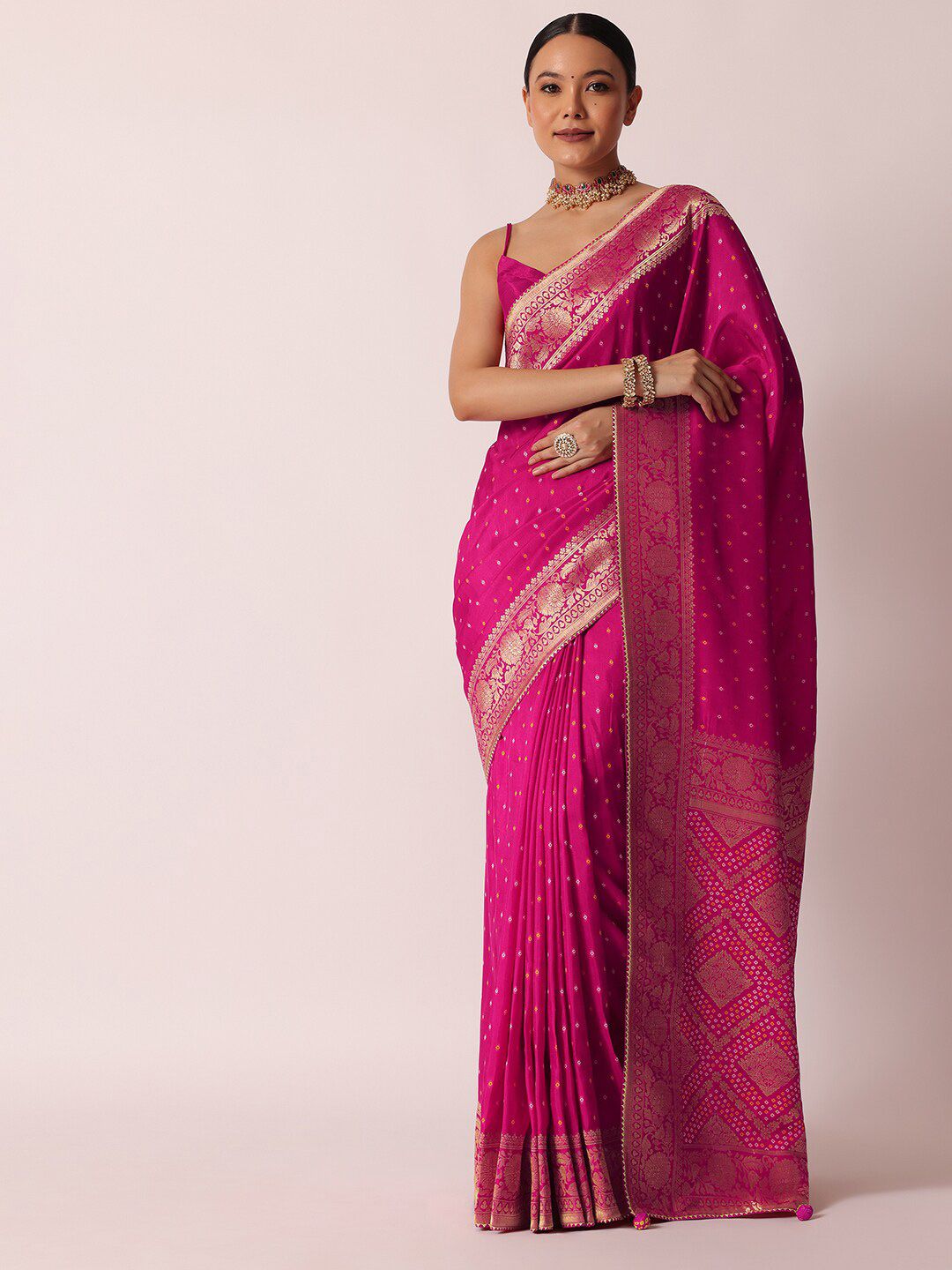 79b024a9-4ec1-41c8-ac42-b91c8989dbed1700754210211RaniPinkBanarasiSareeWithBandhaniButtisAndUnstitchedBlousePi1.jpg KALKI Fashion Ethnic Motifs Printed Zari Detail Saree - Image 1
