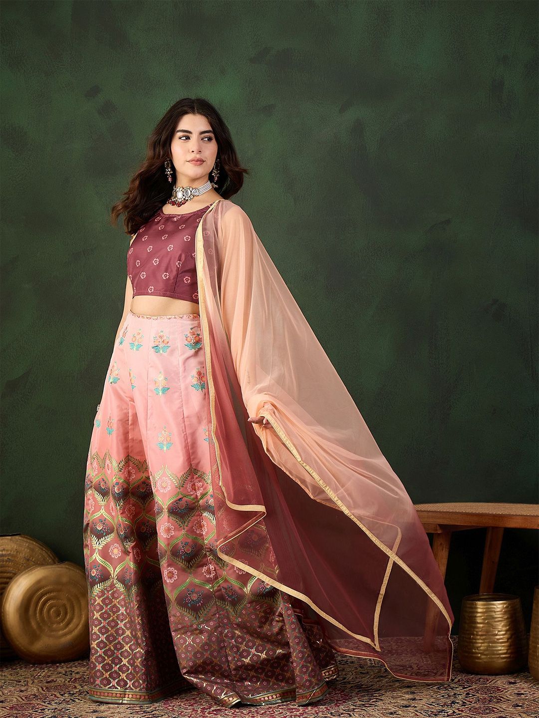Oss0LLHb_b570139137ae400c8c174258a9360dbf.jpg Placement Printed & Woven Design Jacquard Lehenga With Choli & Dupatta - Image 1