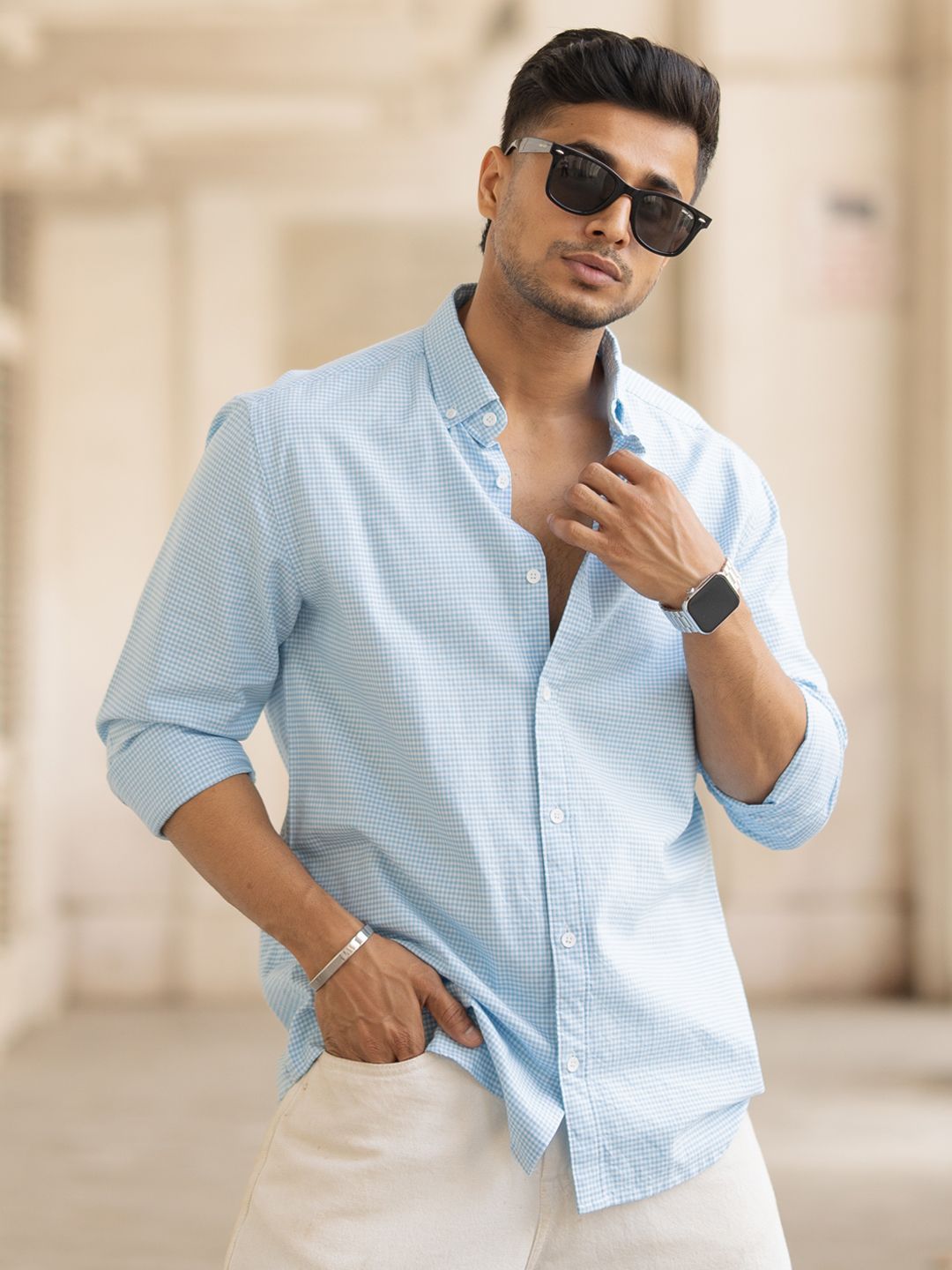 QyiPjUHS_24f4e11d23774441beefa96aa16dc9ee.jpg Powerlook Men Spread Collar Micro Checked Cotton Casual Shirt - Image 1