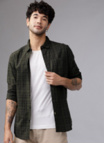 Olive Green & Black Slim Fit Checked Casual Shirt