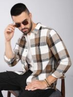 HERE&NOW Tartan Checks Spread Collar Long Sleeves Slim Fit Cotton Casual Shirt