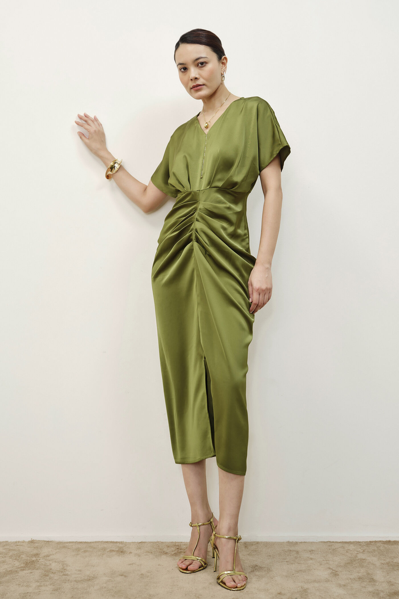 #13 Sibyl Draped Olive Dress - Image 1