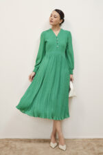 Gloria Green Pleated Dress